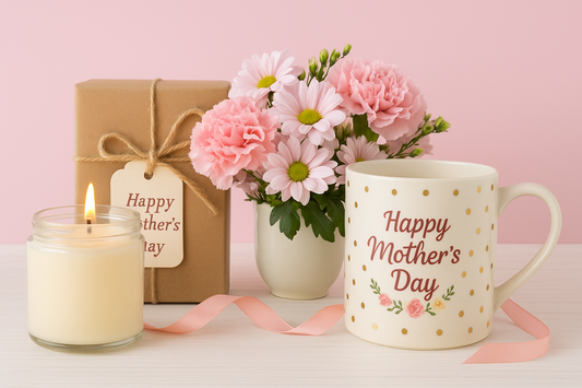 Mother’s Day gift set with a lit candle, wrapped gift box, pink flowers in a vase, and a white mug with gold dots and “Happy Mother’s Day” text, arranged on a light surface with a pink background.