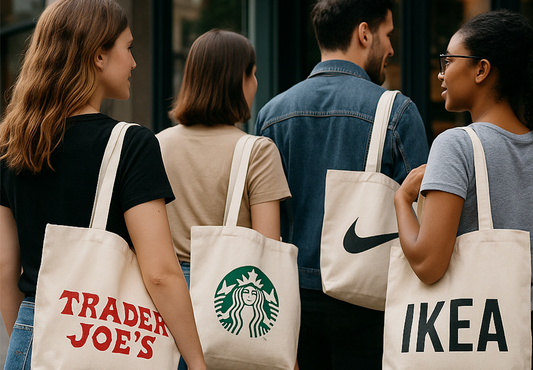 Group of people carrying custom canvas tote bags with logos of Trader Joe's, Starbucks, Nike, and IKEA, showcasing branded eco-friendly shopping bags.