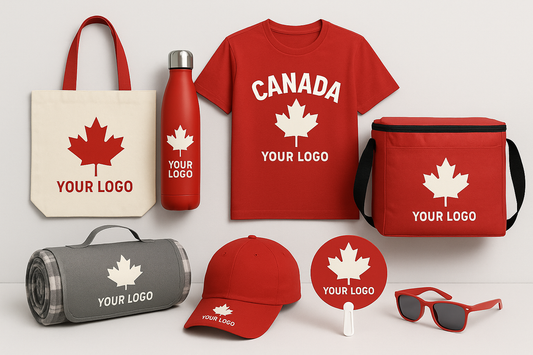 Canada Day promotional items including a custom tote bag, insulated water bottle, patriotic t-shirt, cooler lunch bag, collapsible picnic blanket, branded baseball cap, logo fan, and red sunglasses