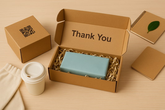 Eco gift box with thank you message and blue item inside, surrounded by cup and kraft packaging.