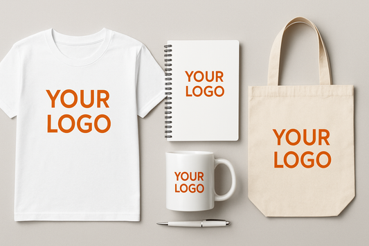 Set of custom promotional products including a white t-shirt, spiral notebook, ceramic mug, pen, and beige tote bag, all featuring “Your Logo” text in orange, displayed on a neutral background.
