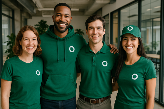 Group of four smiling employees wearing matching green branded apparel, including t-shirts, a hoodie, a polo shirt, and a cap, standing together in a modern office setting.