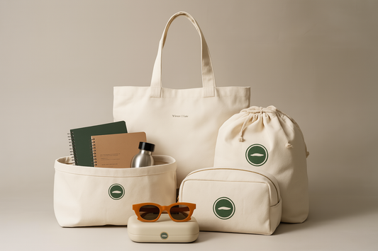 A collection of five off-white canvas bags, including a tote, drawstring bag, zippered pouch, and storage basket, displayed with a water bottle, notebooks, and orange sunglasses on a neutral beige background.