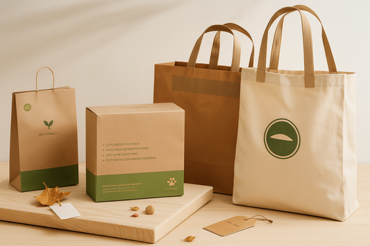 Eco-friendly packaging display featuring kraft paper shopping bags, a biodegradable pouch, and a recyclable gift box on a wooden surface with soft natural lighting and dried leaves as accents.