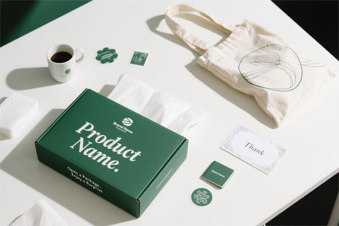 Top-down view of a custom unboxing setup featuring a green branded mailer box, thank-you card, eco-friendly tote bag, coffee mug, stickers, and printed inserts on a clean white table—perfect for showcasing sustainable e-commerce packaging.