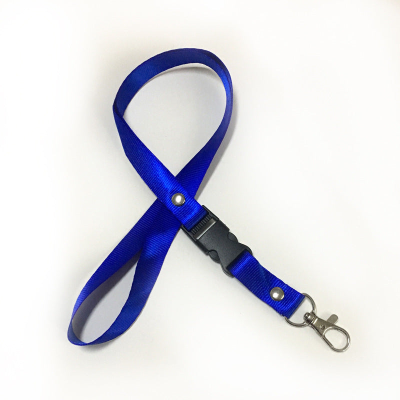 Blue custom nylon lanyard with a detachable plastic buckle, silver button snaps, and a metal lobster clip, arranged in a loop on a white background.