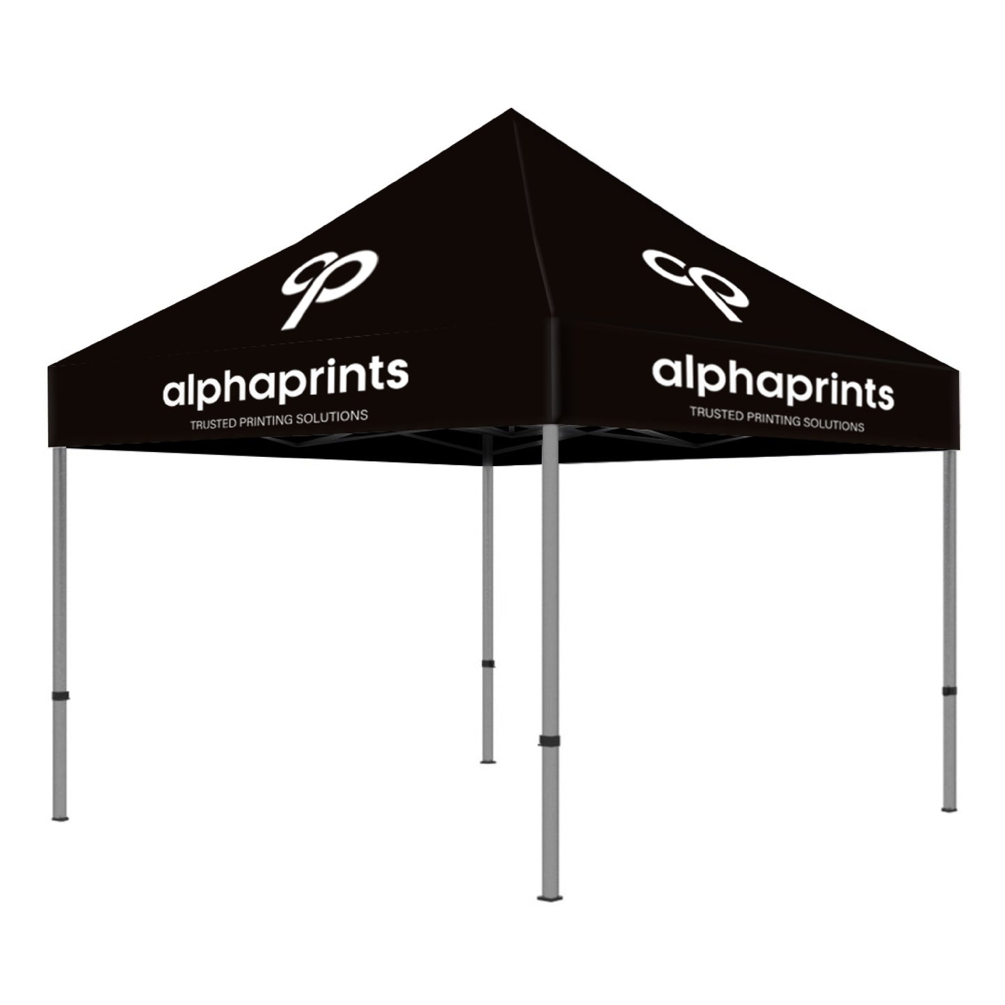 Black custom 10ft x 10ft canopy tent with pop-up aluminum frame, showcasing the "Alpha Prints" logo and tagline "Trusted Printing Solutions" in white on all visible panels.
