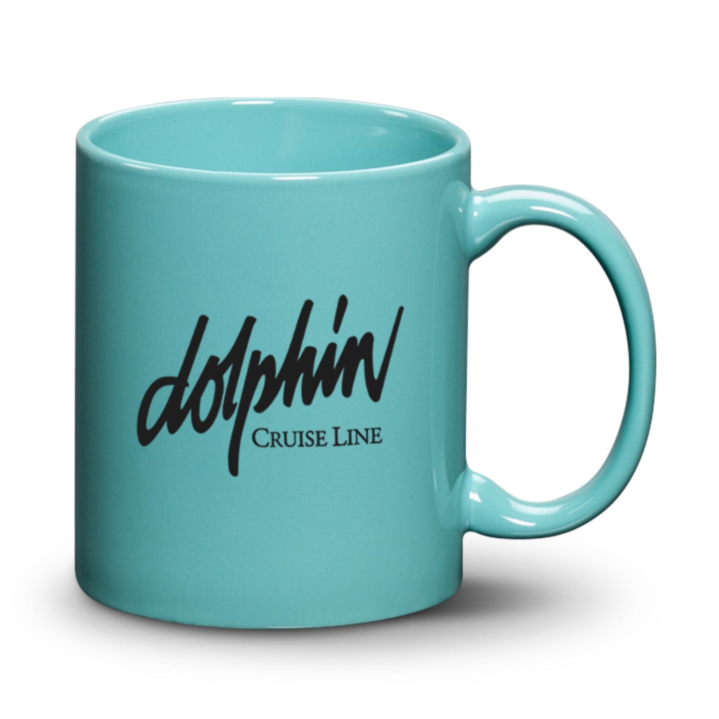 Aqua ceramic mug with a black 'Dolphin Cruise Line' logo printed on the front.