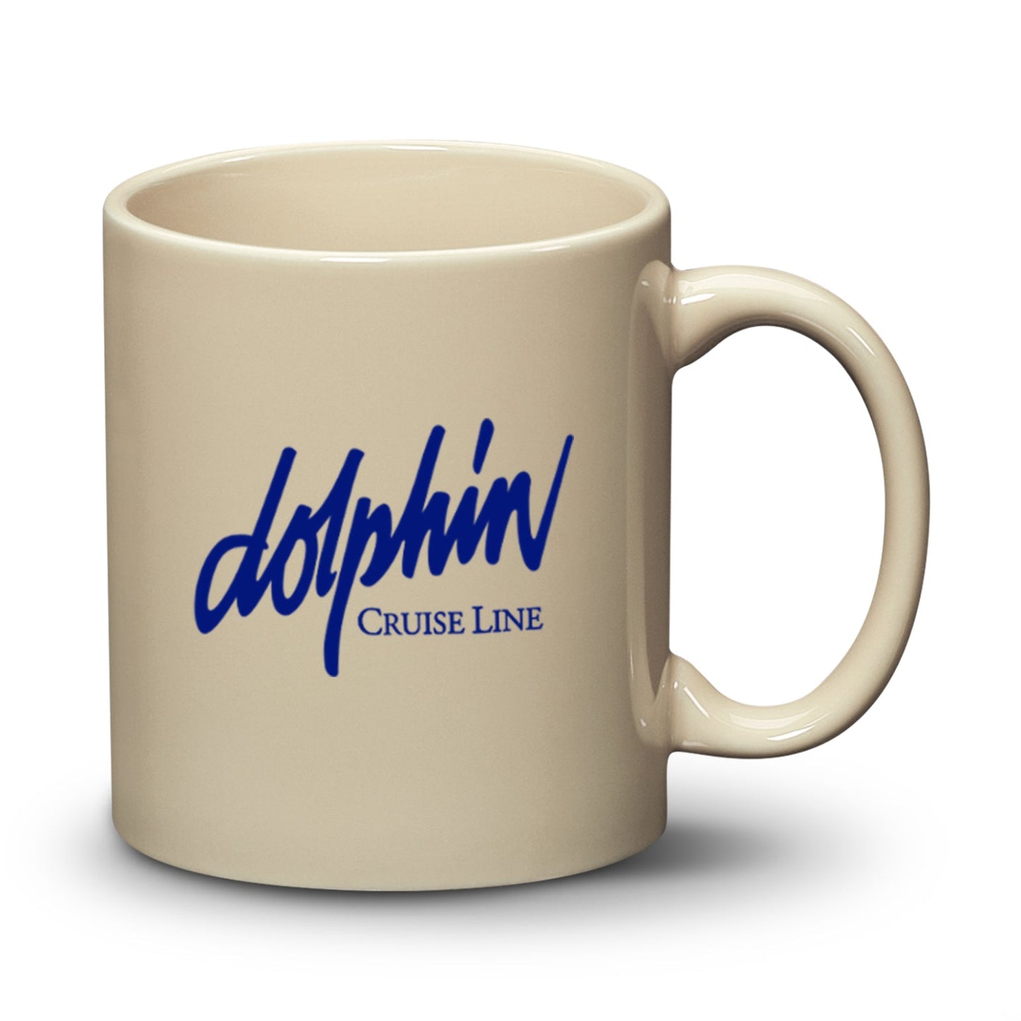 Beige ceramic mug with a blue 'Dolphin Cruise Line' logo printed on the front.