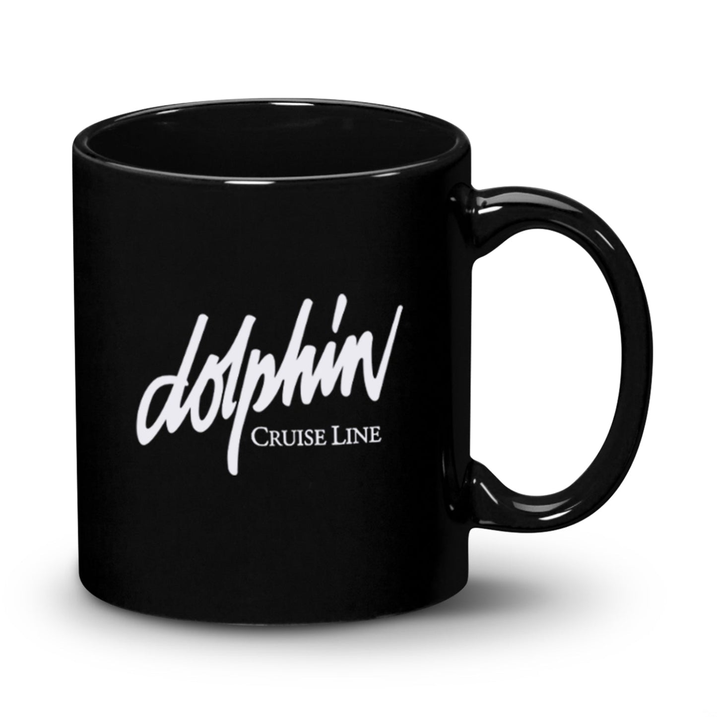 Black ceramic mug with a 'Dolphin Cruise Line' logo printed on the front.
