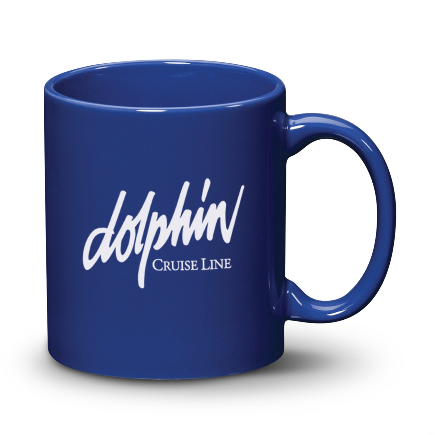Royal blue ceramic mug with a 'Dolphin Cruise Line' logo printed on the front.