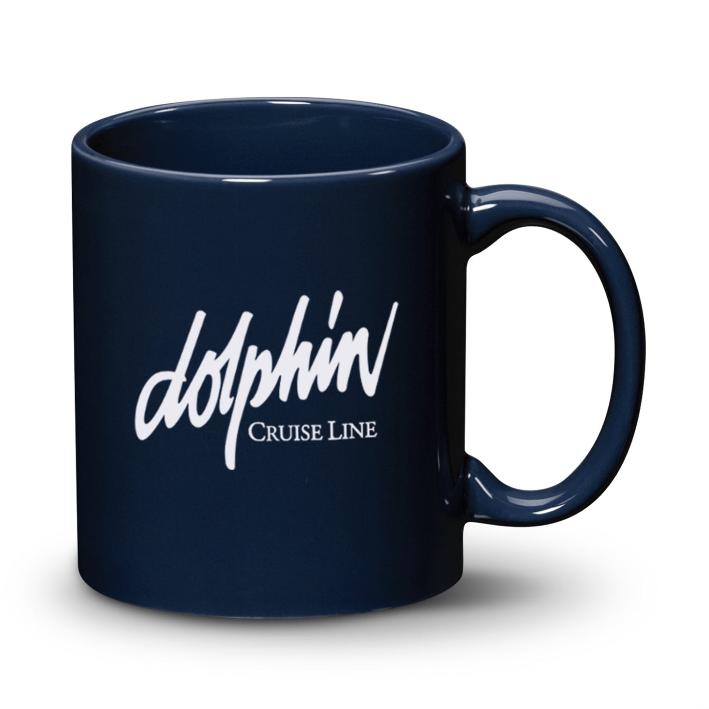 Navy blue ceramic mug with a 'Dolphin Cruise Line' logo printed on the front.