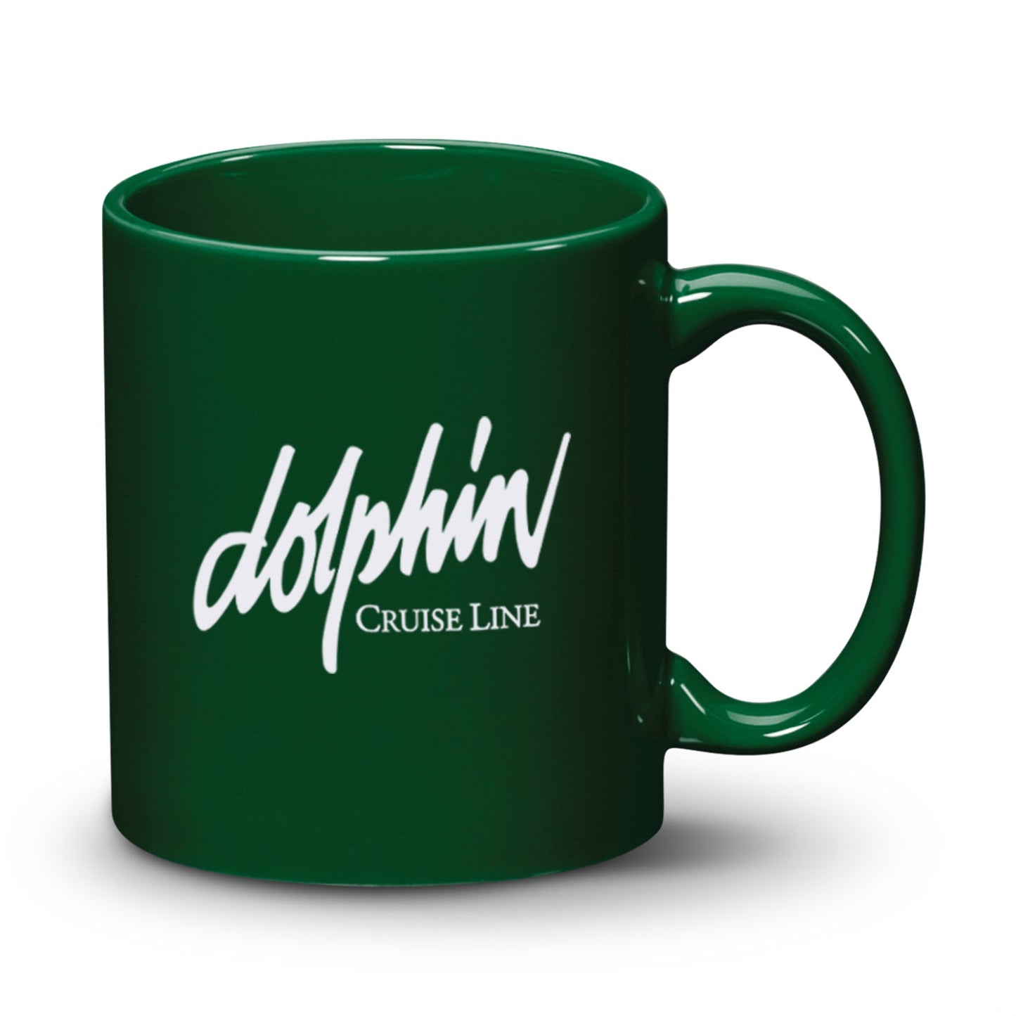 Green ceramic mug with a 'Dolphin Cruise Line' logo printed on the front.