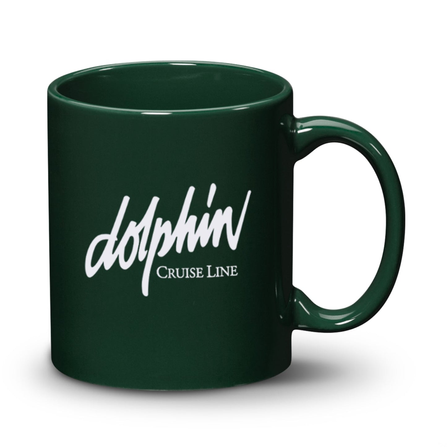 Glossy hunter green ceramic mug with white 'Dolphin Cruise Line' logo on the front.