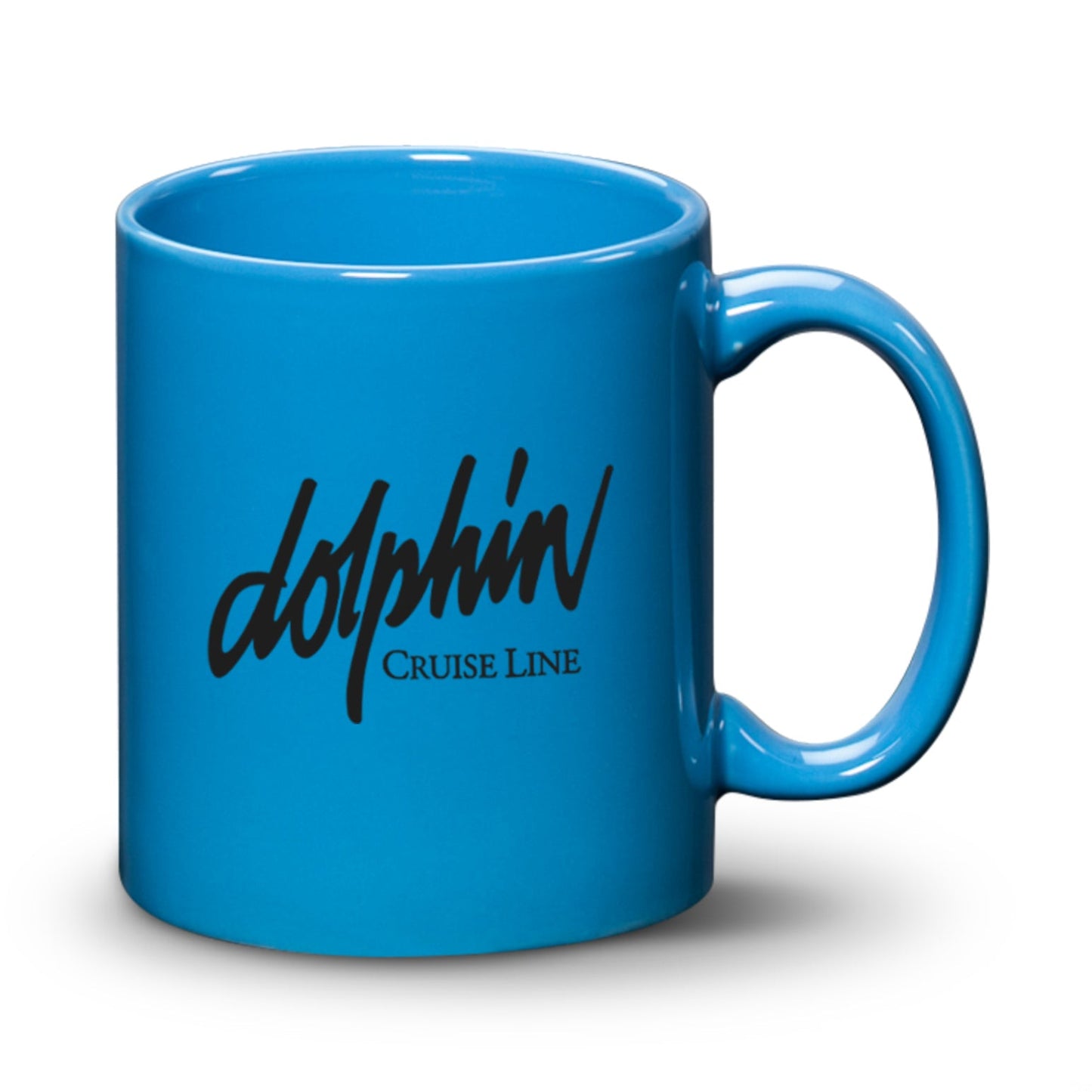 Glossy Hawaii blue ceramic mug with a 'Dolphin Cruise Line' logo printed on the front.
