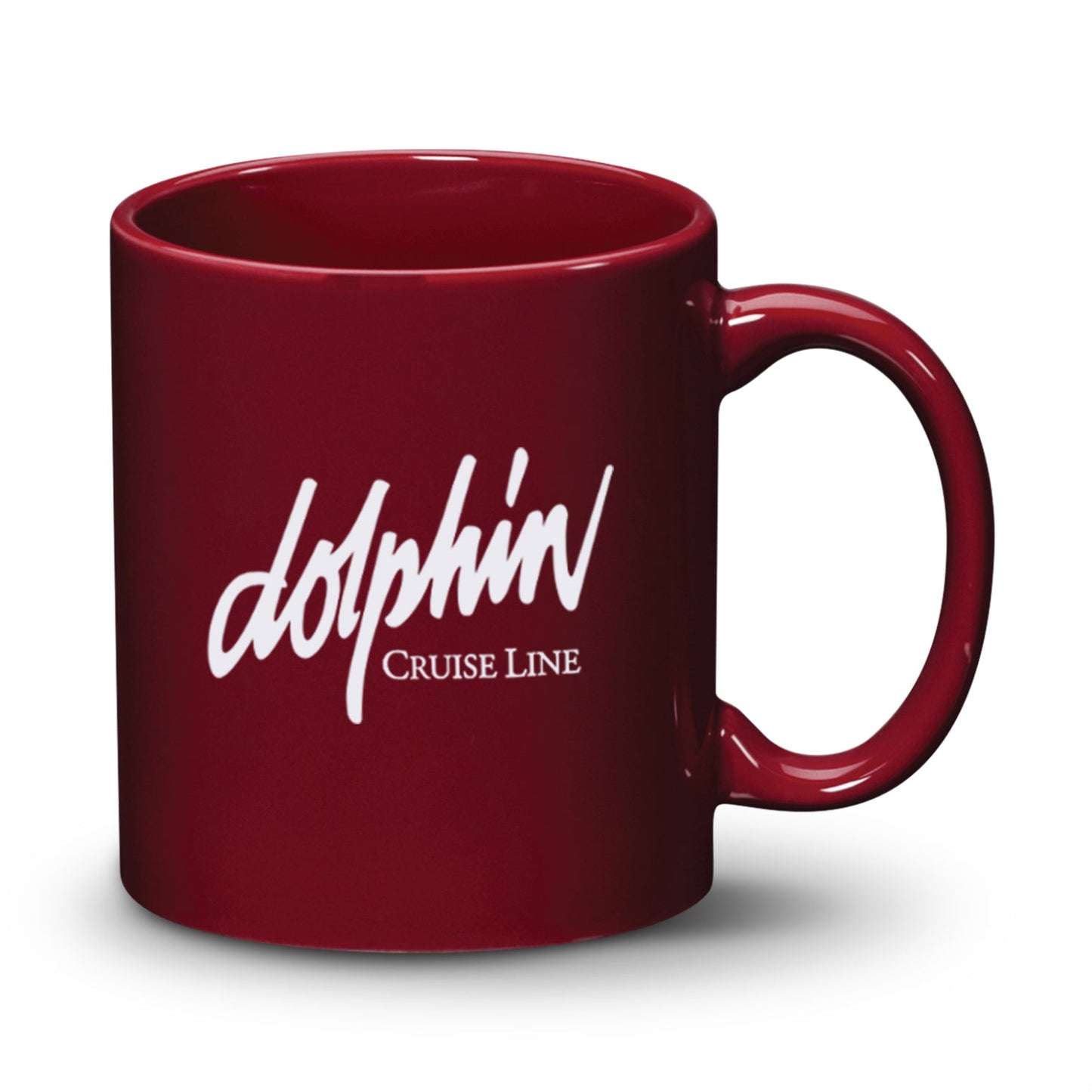 Burgundy ceramic mug with a 'Dolphin Cruise Line' logo printed on the front.
