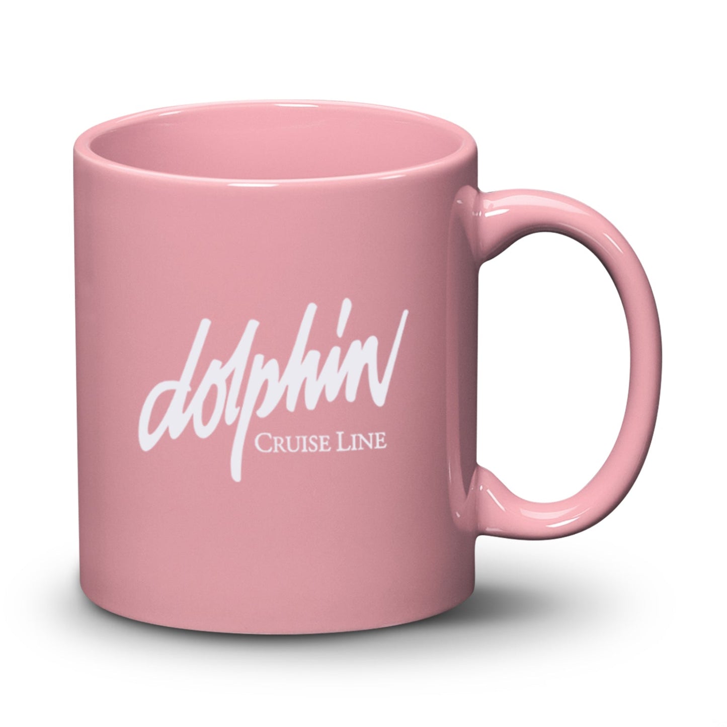 Pink ceramic mug with a 'Dolphin Cruise Line' logo printed on the front.