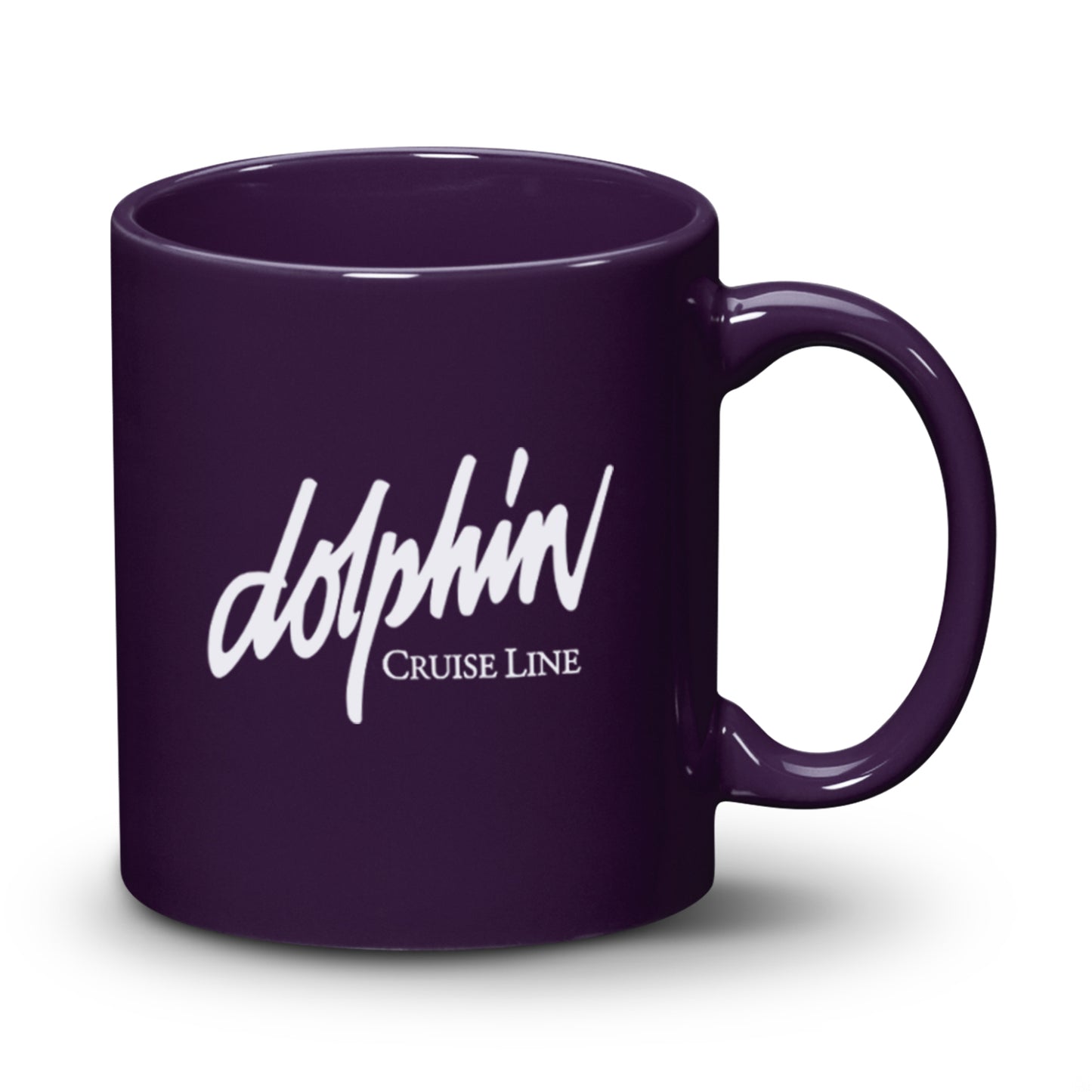 Purple ceramic mug with a 'Dolphin Cruise Line' logo printed on the front.
