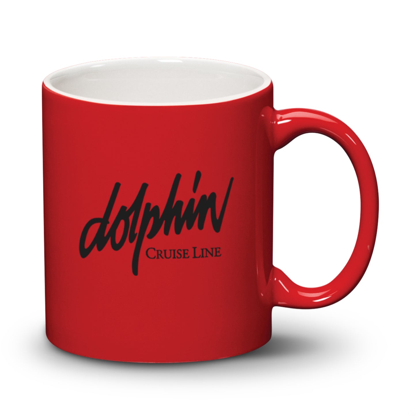 Red ceramic mug with a 'Dolphin Cruise Line' logo printed on the front.