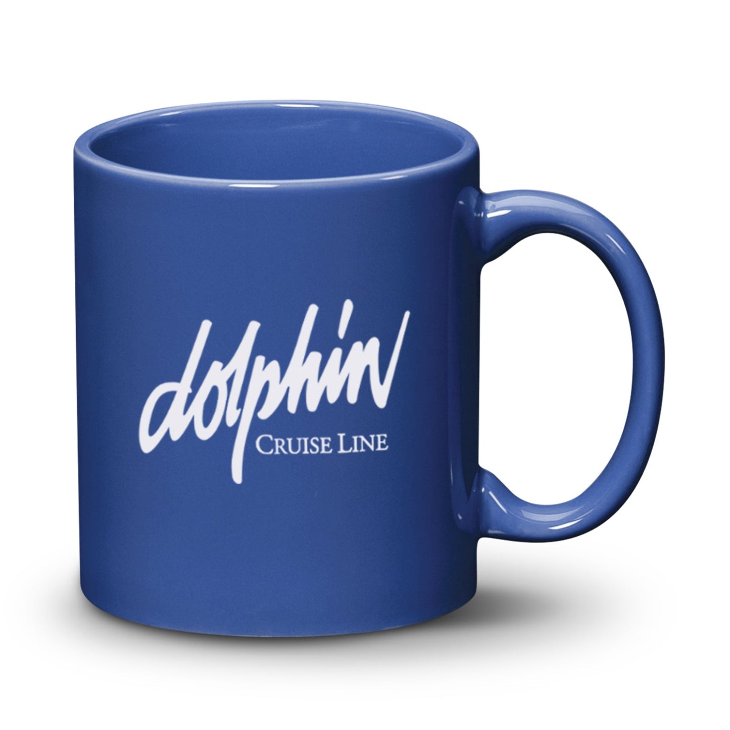 Ocean blue ceramic mug with a 'Dolphin Cruise Line' logo printed on the front.