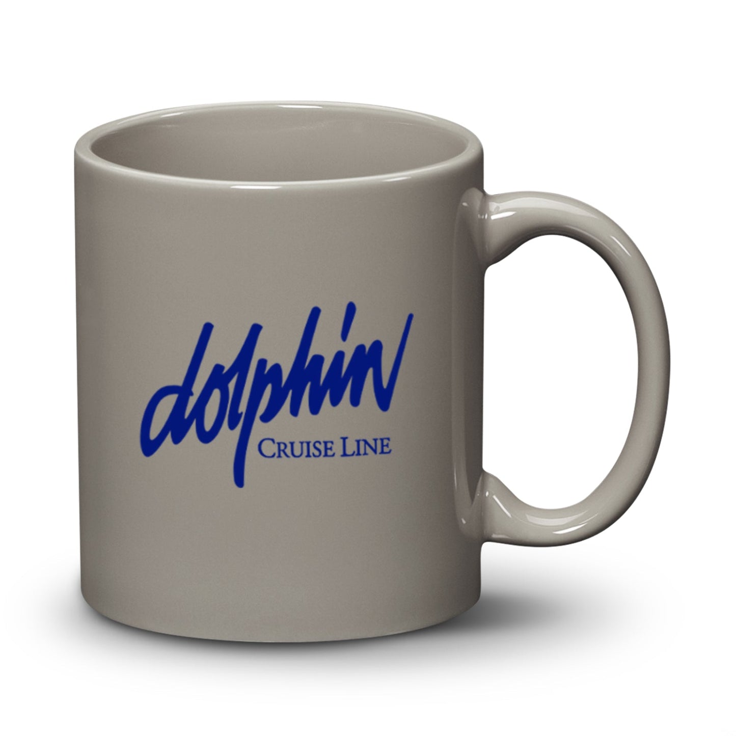 Light gray ceramic mug with a 'Dolphin Cruise Line' logo printed on the front.