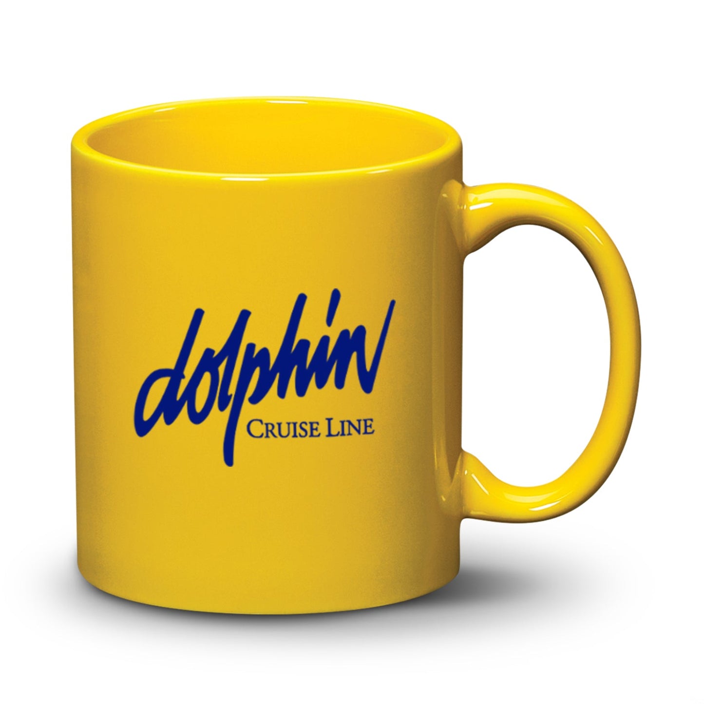 Bright yellow ceramic mug with a 'Dolphin Cruise Line' logo printed on the front.