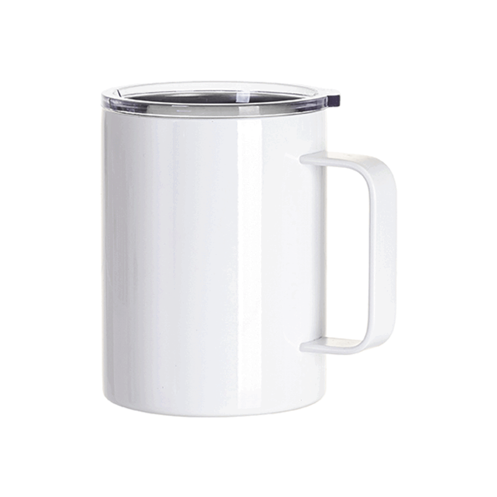 White insulated travel mug with a clear plastic lid and a large handle, shown without any printed design.