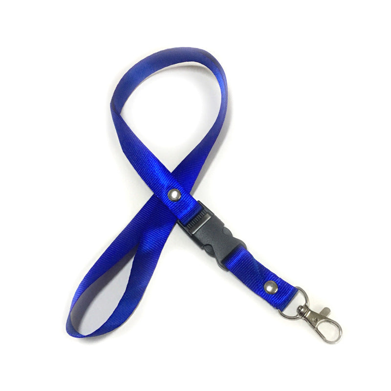 Blue custom nylon lanyard with a detachable plastic buckle, silver button snaps, and a metal lobster clip, arranged in a loop on a white background.