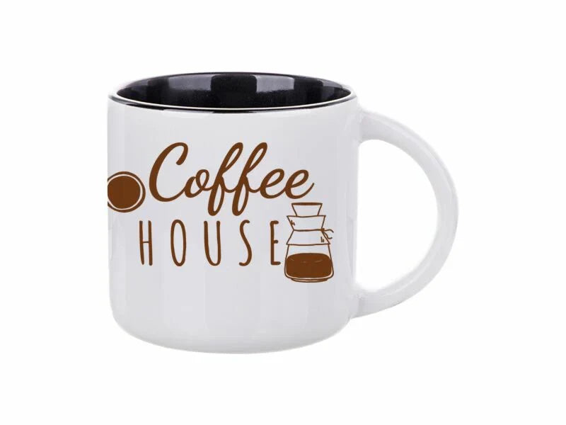 White ceramic mug with black interior and brown "Coffee House" design.