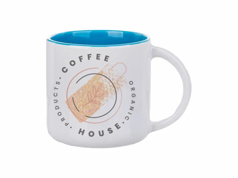 White ceramic mug with blue interior, featuring a circular "Coffee House Organic Products" logo.