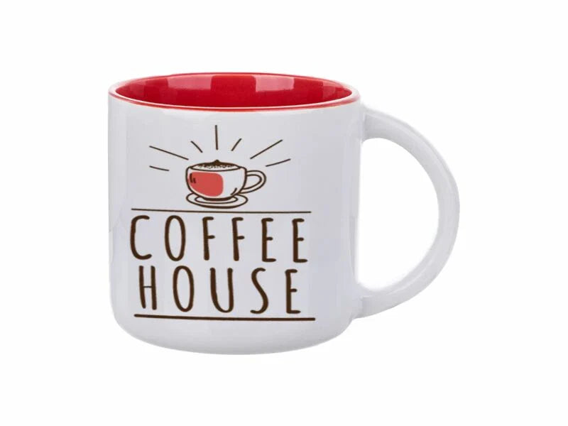 White ceramic mug with red interior, featuring a “Coffee House” logo and a steaming red cup illustration.