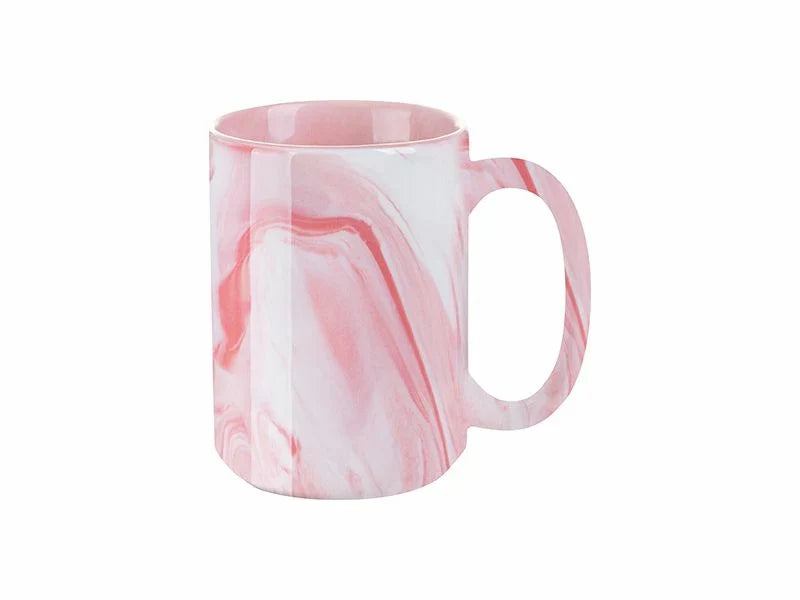 Pink marble ceramic mug with a glossy finish and large handle.