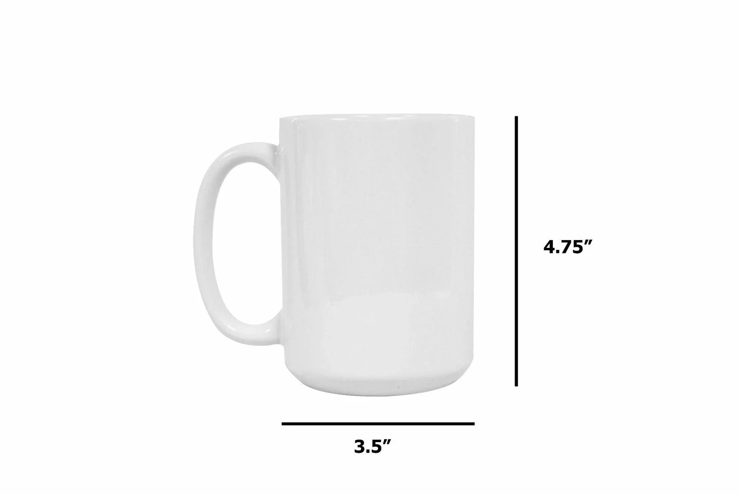Plain white ceramic mug with dimensions approximately 4.75" in height and 3.5" in diameter, ideal for custom printing or everyday use.