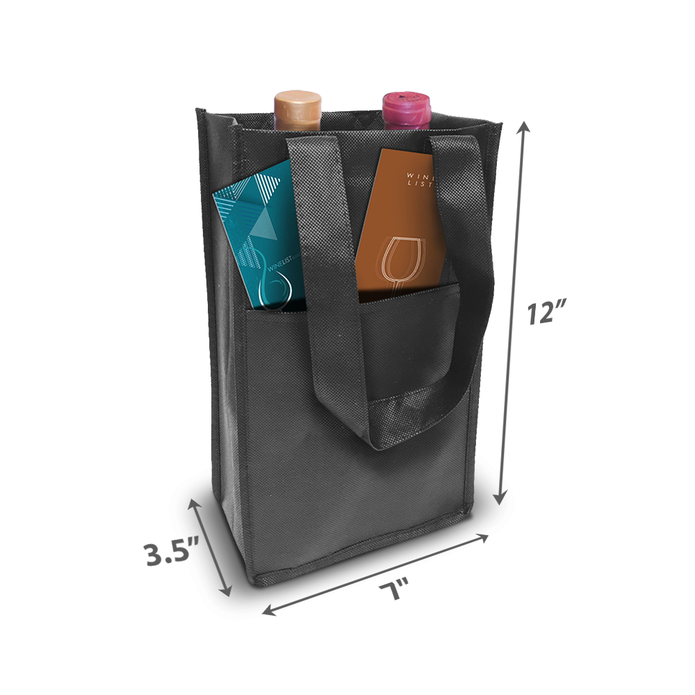 Slim black wine tote bag with front pocket, ideal for holding two bottles or printed materials.