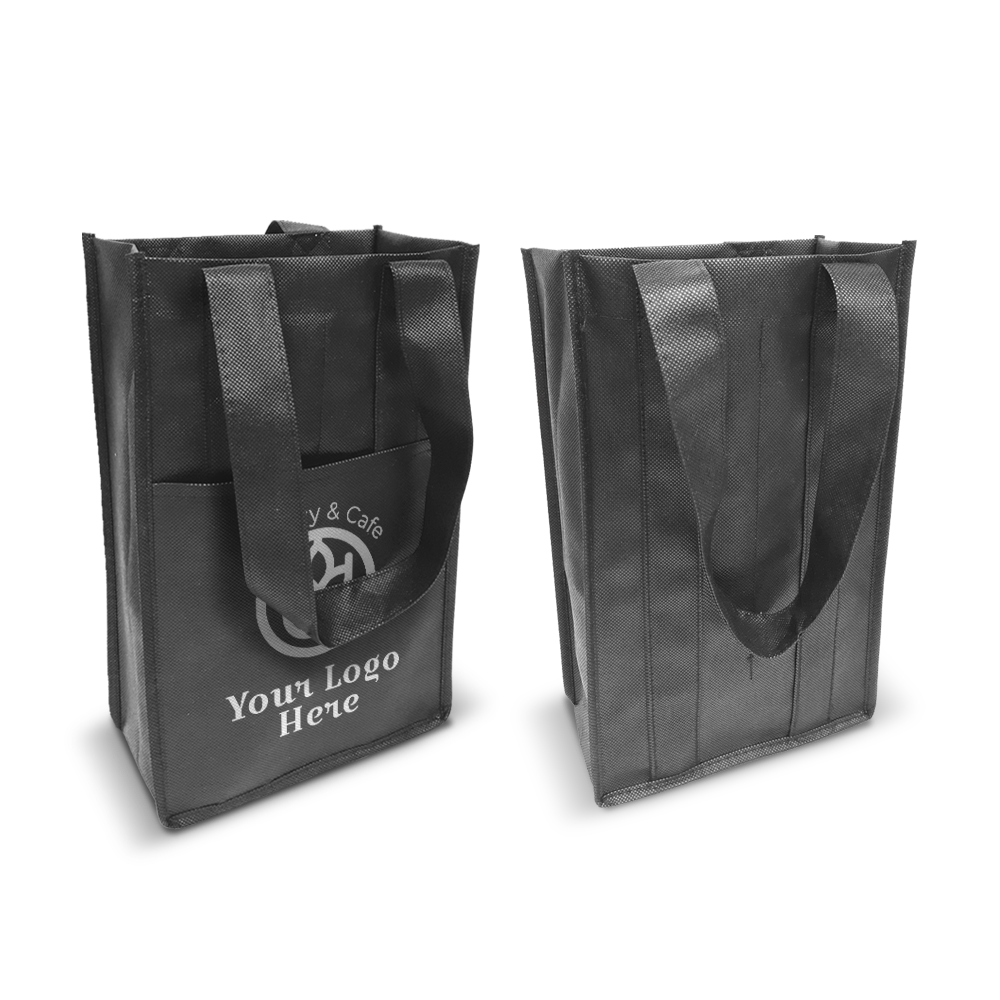 Black reusable tote bags with reinforced handles and a wide base