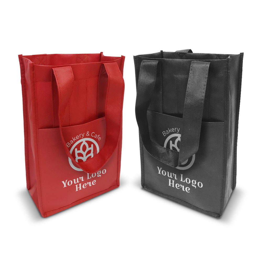 Red and black reusable tote bags with front pockets and durable handles