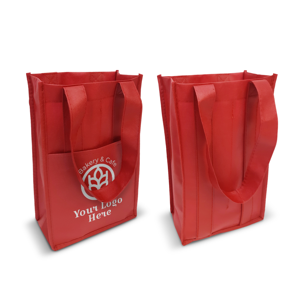 Red reusable tote bags with reinforced handles and a wide base