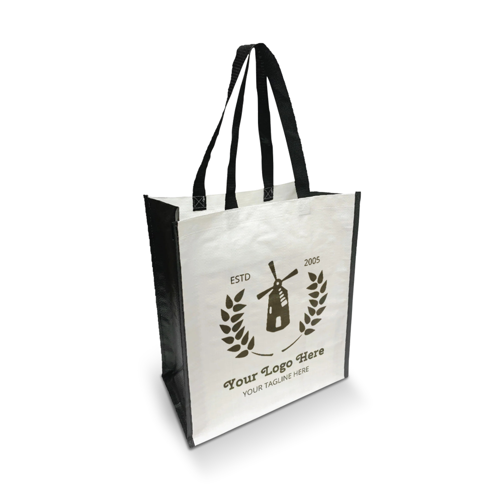 Laminated reusable tote bag with sturdy black handles and a customizable front panel