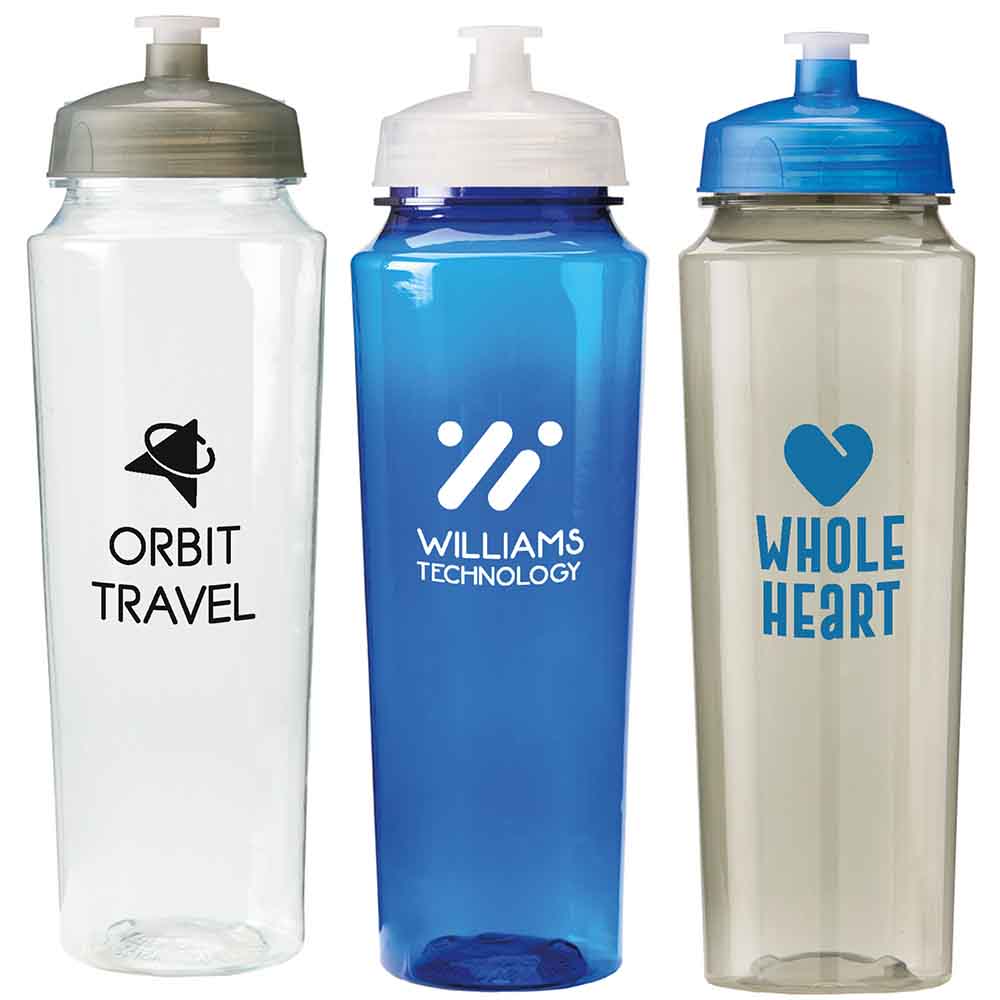 Three sports bottles with printed logos: Orbit Travel (clear with gray lid), Williams Technology (blue with white lid), and Whole Heart (tinted with blue lid)