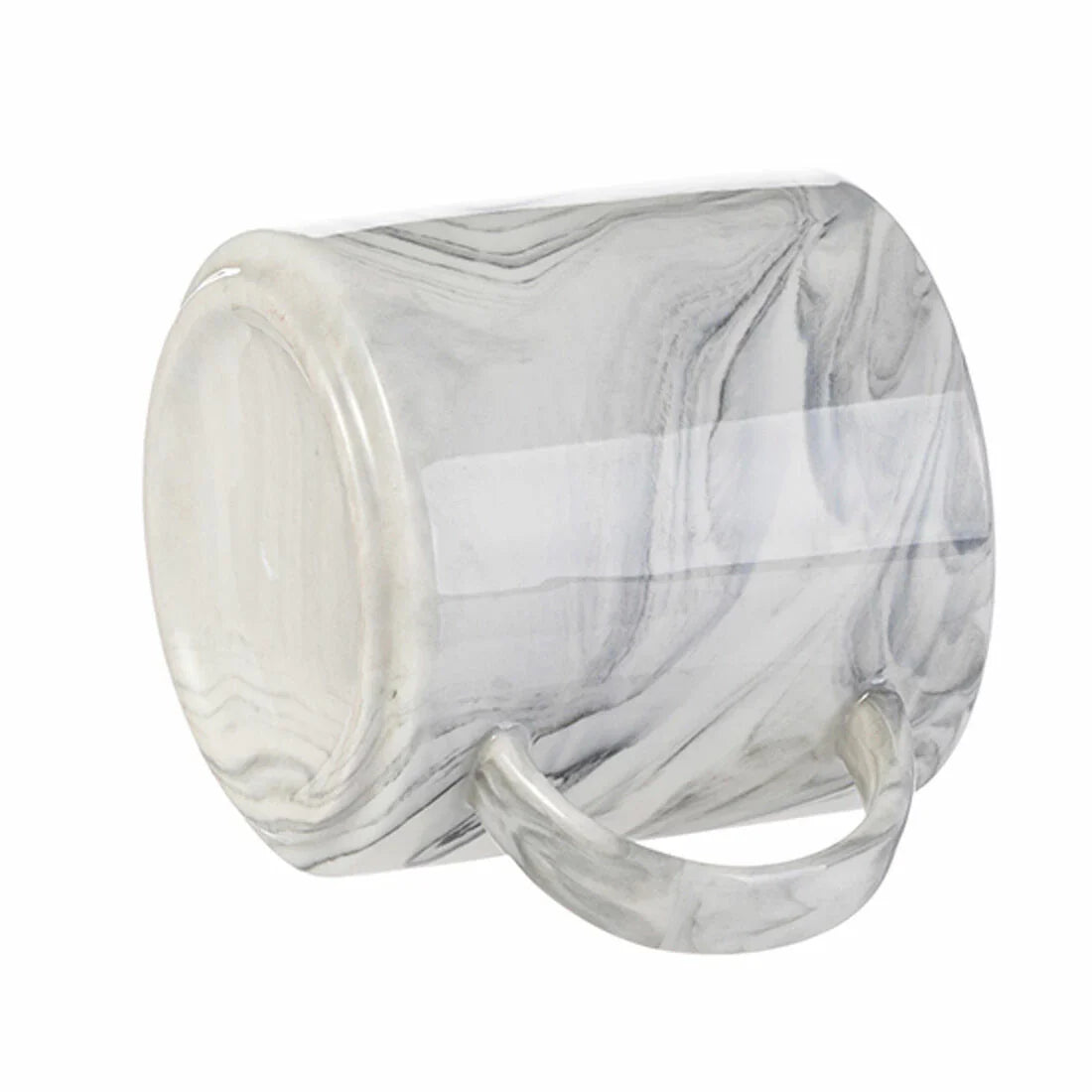 Grey marbled ceramic mug shown on its side, highlighting the swirling pattern and curved handle design.