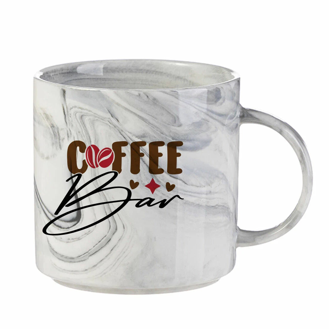 Grey marbled ceramic mug with a "Coffee Bar" design featuring heart and coffee bean graphics, ideal for cafes or personalized gifts.