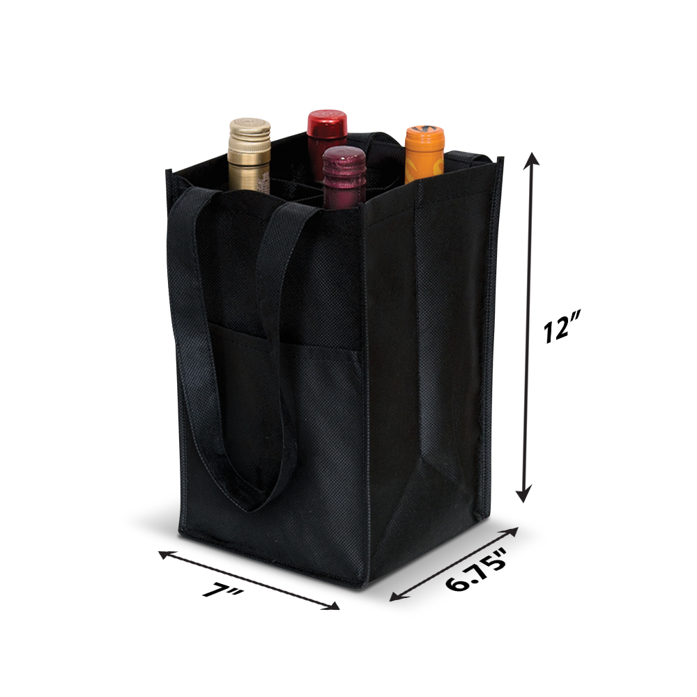 Black reusable wine tote with divided compartments for four bottles, durable non-woven material, and strong handles