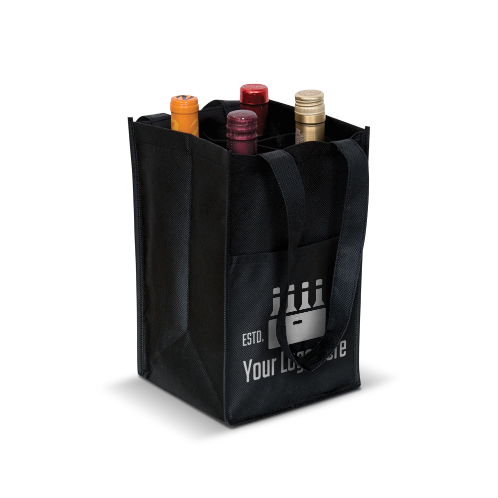 Black non-woven wine tote bag with reinforced handles and interior dividers, designed to securely hold up to 6 bottles