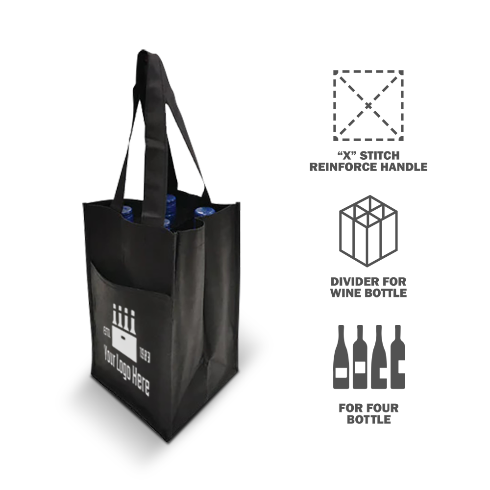 Black four-bottle wine tote with reinforced X-stitched handles, built-in bottle dividers, and custom imprint area