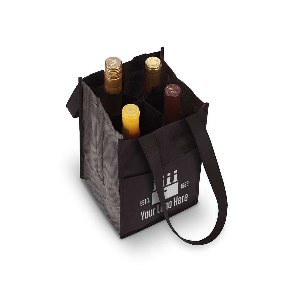 Black wine tote with six-bottle compartments and front imprint area, featuring sturdy handles and reinforced seams