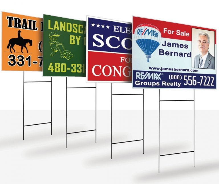 4mm coroplast lawn and yard signs with H-stakes, featuring custom printed designs for real estate, landscaping, and political campaigns
