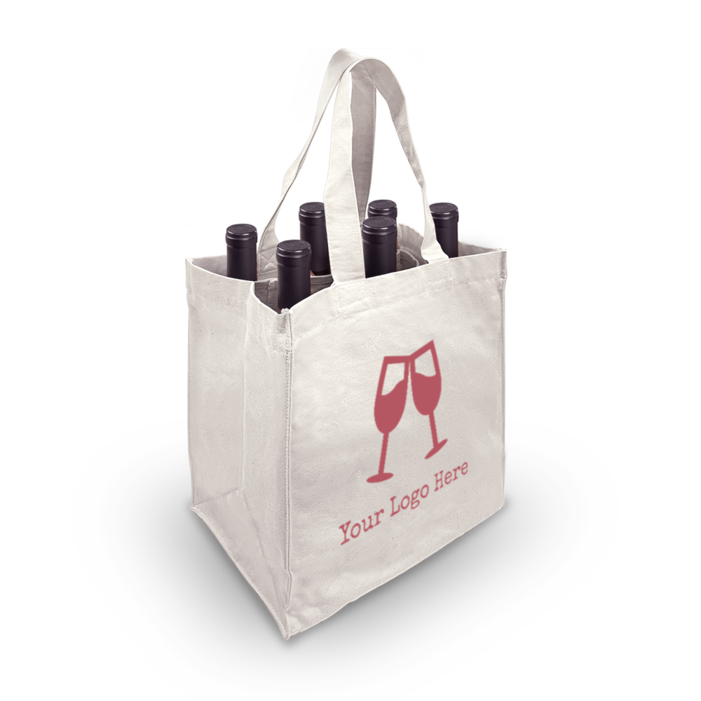 6-bottle canvas wine bag, 10oz, with removable dividers and custom logo, sized 10.5”W x 7.5”D x 12”H.