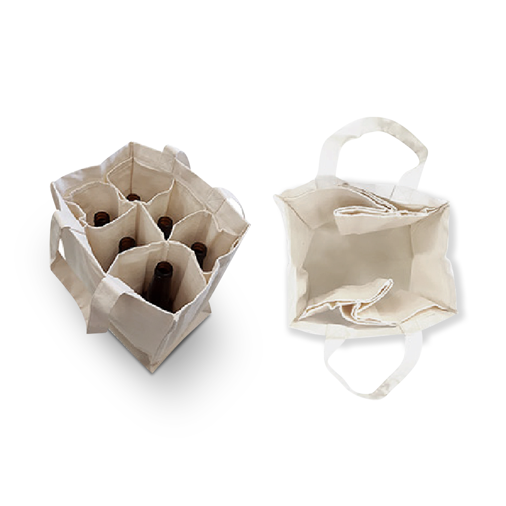 Canvas wine tote with 6 bottle compartments, top view.