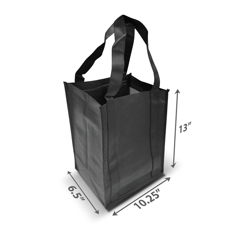 Tall black reusable tote bag with sturdy handles, measuring 13" H x 10.25" W x 6.5" D