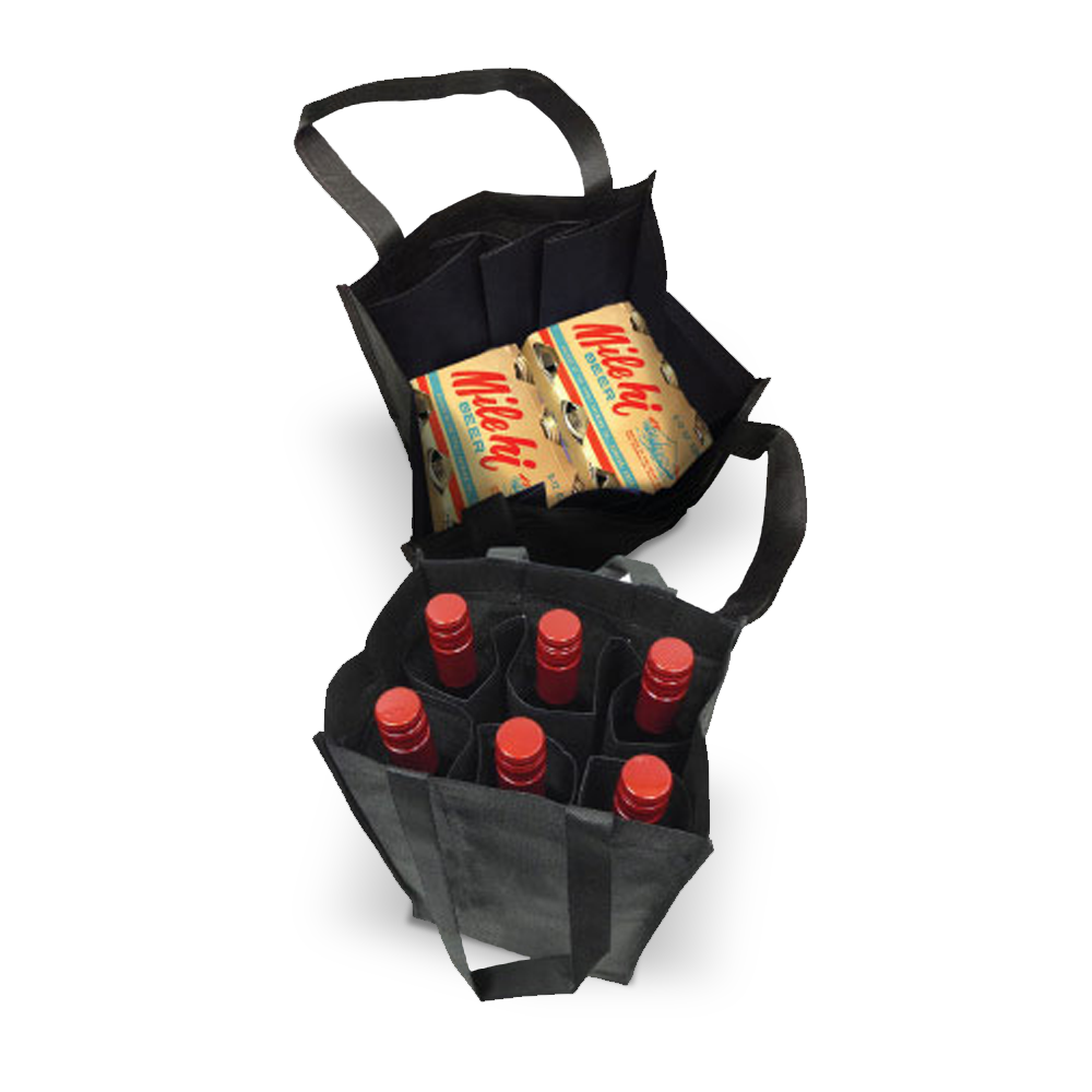 Black reusable tote with internal dividers for securely holding bottles or boxed goods.